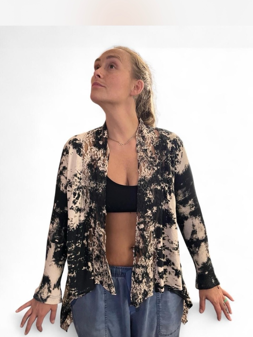 Vintage Black & Cream Knit Tie-Dye Cardigan Open Front W/ Lace All Around.